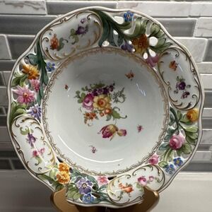 Union Porcelain Decorative Bowl Czech-Slovakia Floral Glossy Round 10in x 3in